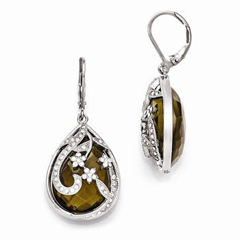 Stainle Steel Polished Brown Glass & Crystal Lever back Earrings