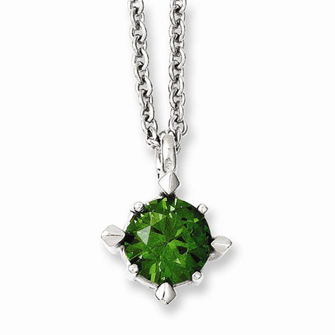 Stainless Steel Green CZ Pendant On Necklace