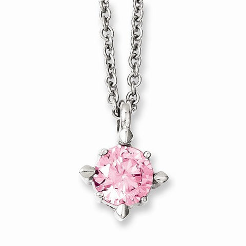 Stainless Steel Pink CZ Pendant On Necklace