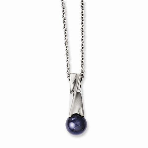 Stainless Steel Blue Simulated Pearl Polished Pendant On Necklace