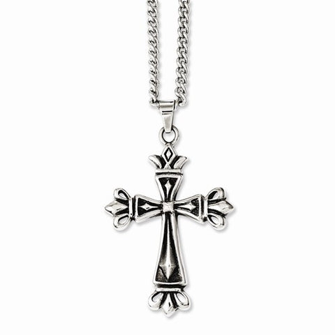 Stainless Steel Polished & Antiqued Cross Necklace