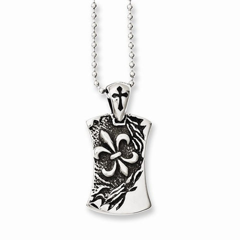 Stainless Steel Antiqued Fleur De Lis Dog Tag Necklace