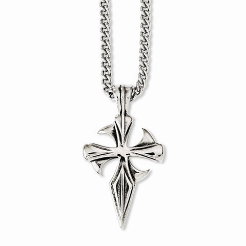 Stainless Steel Polished & Antiqued Dagger Cross Necklace