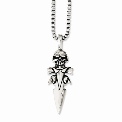 Stainless Steel Polished & Antiqued Skull On Dagger Necklace