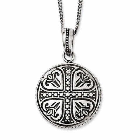 Stainless Steel Polished & Antiqued Cross Circle Necklace