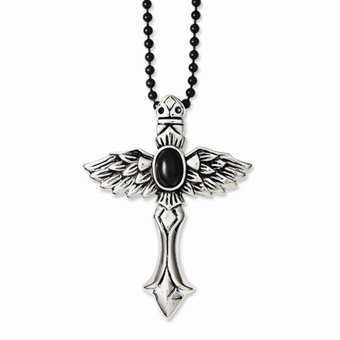 Stainless Steel Antiqued Cross Wings & Black Stone Necklace