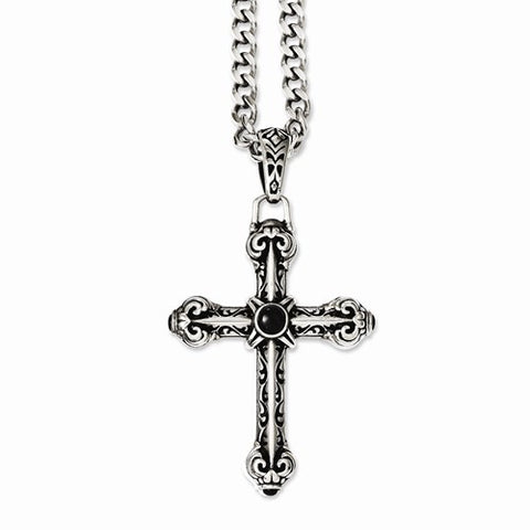 Stainless Steel Antiqued Cross Synthetic Black Agate Necklace