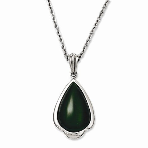 Stainless Steel Synthetic Green Cats Eye Teardrop Necklace