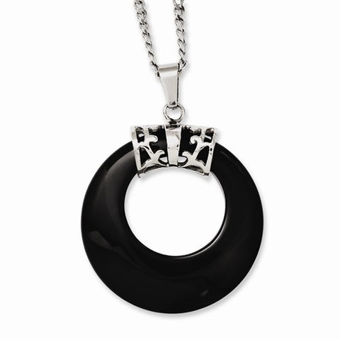 Stainless Steel Synthetic Black Agate Circle Necklace