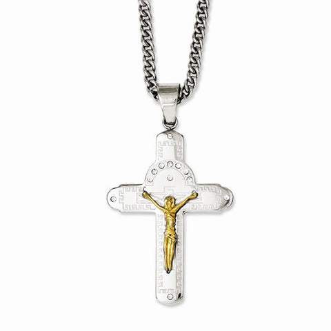 Stainless Steel Yellow Ip-Plated & CZ Polished Crucifix Necklace