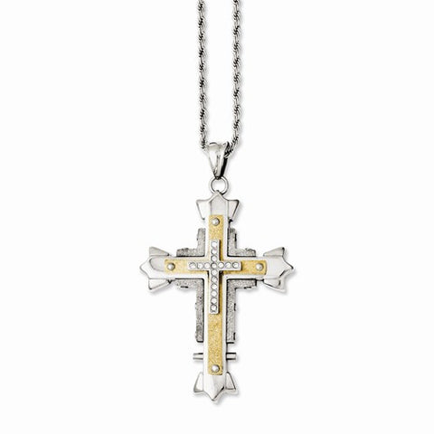 Stainless Steel Yellow Ip-Plated,Laser Cut & CZs Cross Necklace