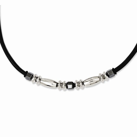 Stainless Steel Leather Polished & Hematite Beads Necklace