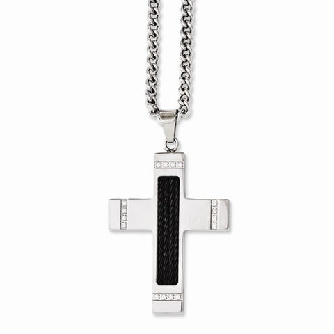 Stainless Steel Black Ip-Plated Wire CZs Cross Necklace