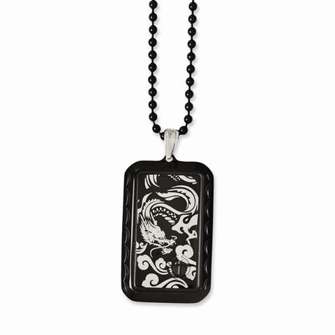 Stainless Steel Black Ip-Plated Dragon Dog Tag Necklace