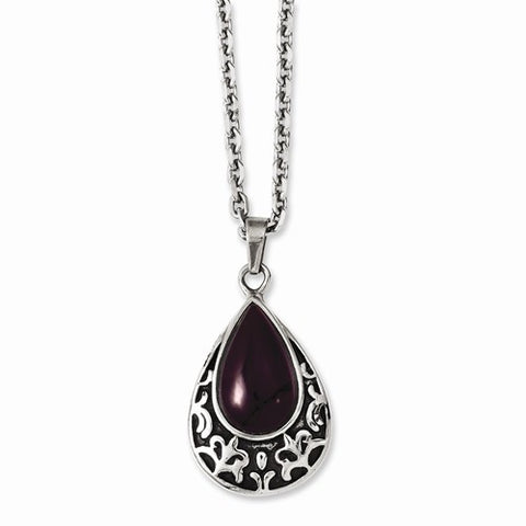 Stainless Steel Antiqued & Purple Cat'S Eye Teardrop Necklace