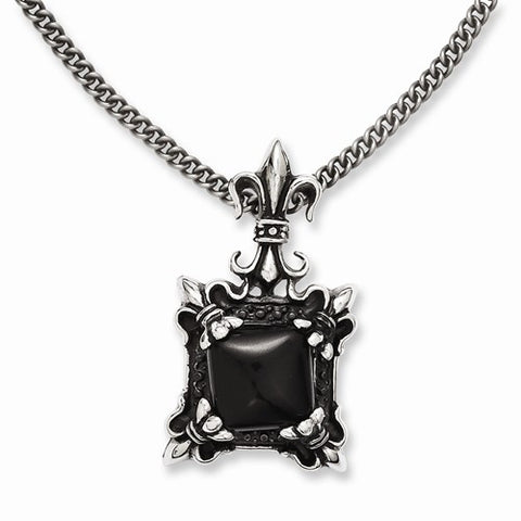 Stainless Steel Antiqued & Black Agate & Fleur De Lis Necklace