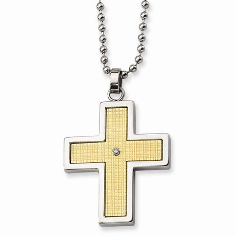 Stainless Steel Gold-Plated Diamond Accent Cross Necklace