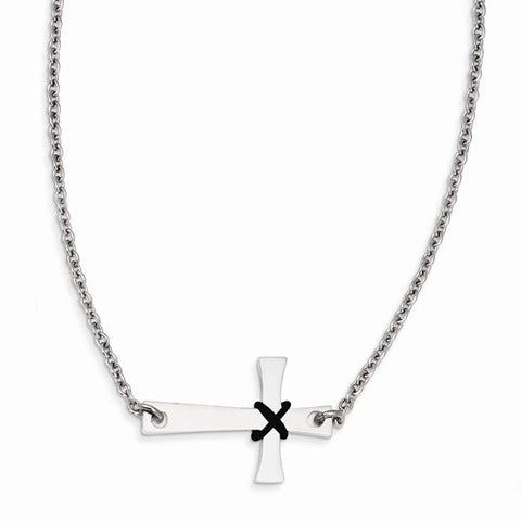 Stainless Steel Sideways Cross Rubber Accent Necklace