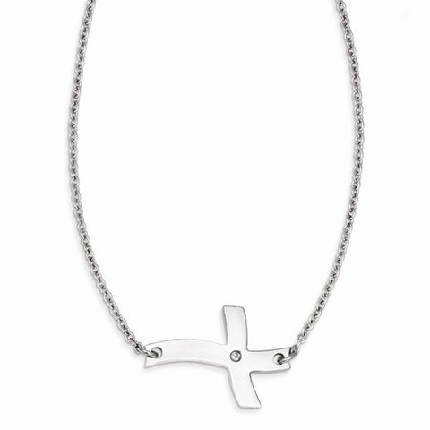 Stainless Steel Fancy Sideways Cross CZ Necklace