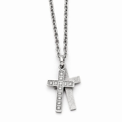 Stainless Steel Laser Cut CZ Two Piece Cross Pendant On Necklace