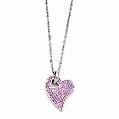 Stainless Steel Polished Light Purple Crystal Heart Pendant On Necklace