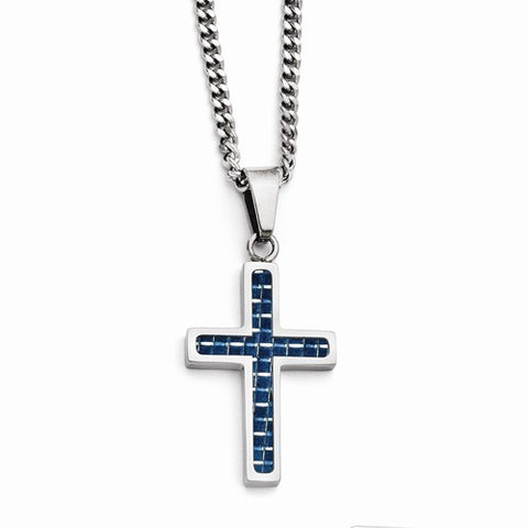 Stainless Steel Blue Carbon Fiberlay Polished Small Cross Necklace