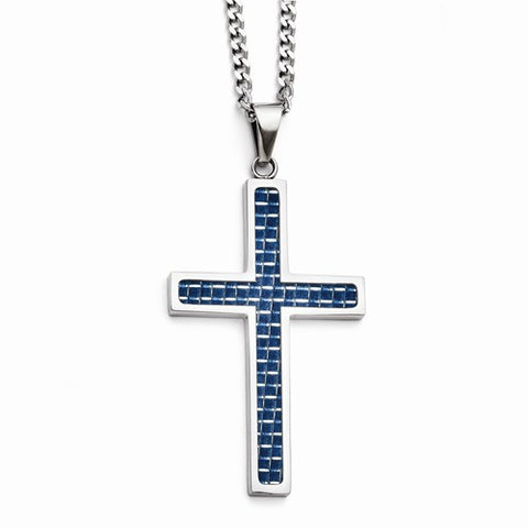 Stainless Steel Blue Carbon Fiberlay Polished Large Cross Necklace