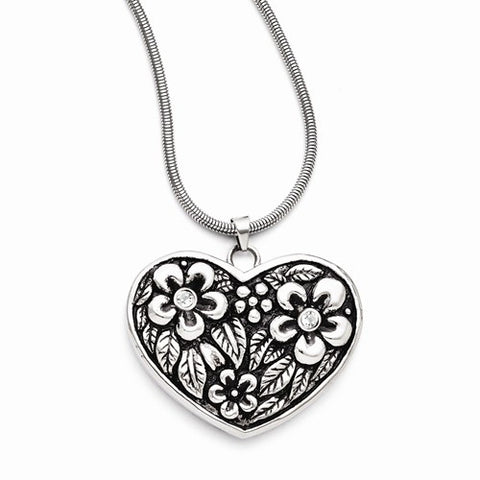 Stainless Steel CZ Antiqued Heart Necklace