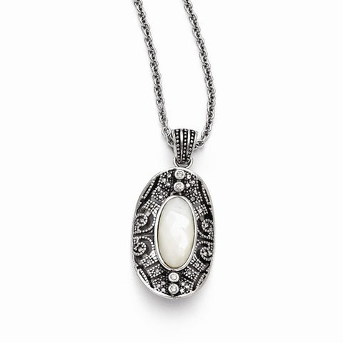 Stainless Steel Mother Of Pearl and Crystal Antiqued Necklace