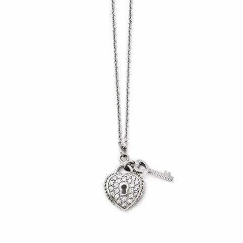 Stainless Steel CZ Heart and Key Necklace