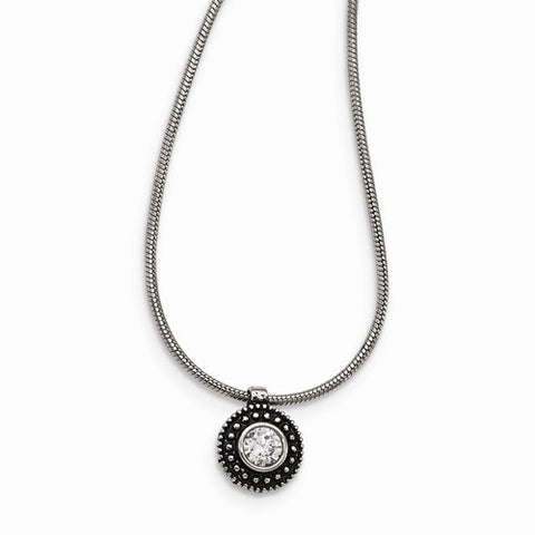 Stainless Steel CZ Antiqued Circle Necklace