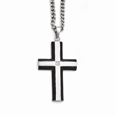 Stainless Steel Black Ip-Plated Cross CZ Polished Necklace