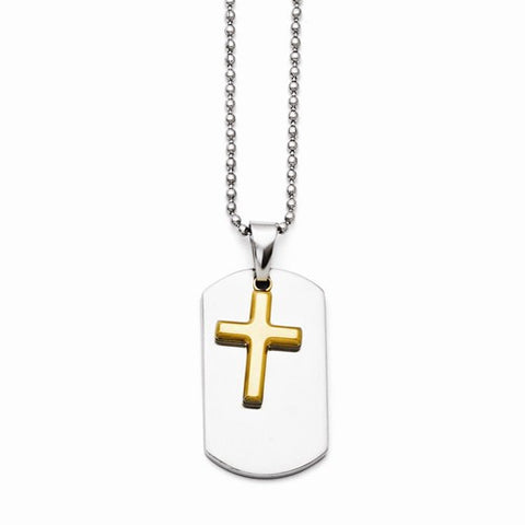 Stainless Steel Dog Tag Yellow Ip-Plated Brushed Cross Necklace