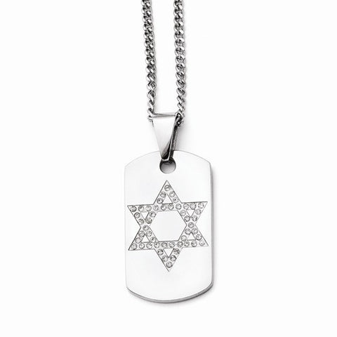 Stainless Steel Star Of David CZ Dog Tag Polished Necklace