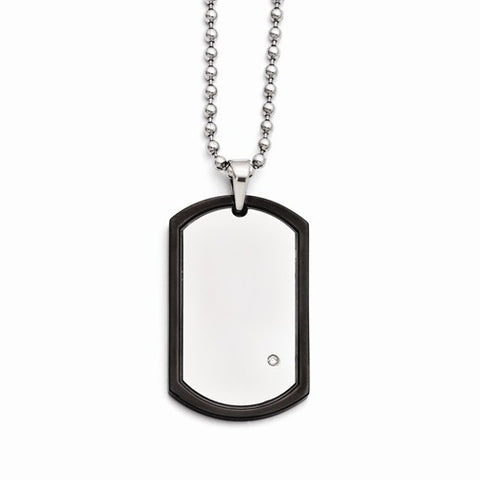 Stainless Steel Black Ip-Plated CZ Dog Tag Polished Necklace