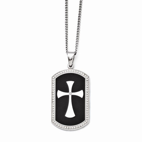 Stainless Steel Black Ip-Plated Polished Dog Tag Cross CZ Necklace