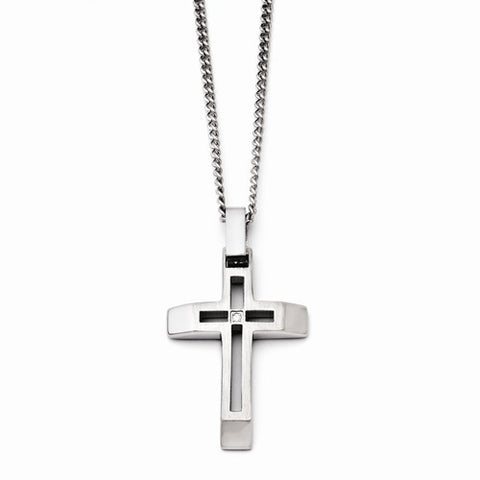 Stainless Steel Brushed and Polished Cross CZ Necklace