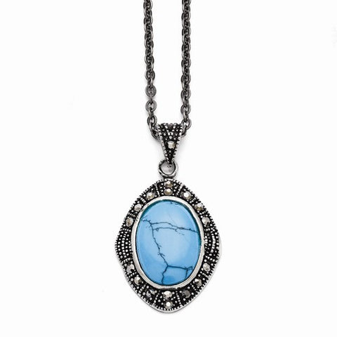 Stainless Steel Simulated Turquoise, Marcasite Antiqued Necklace