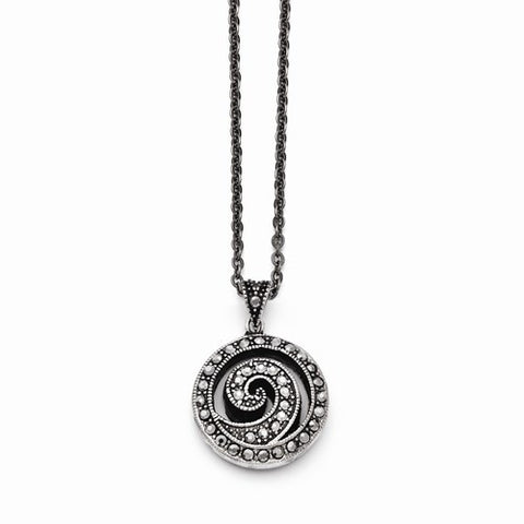 Stainless Steel Marcasite and Antiqued Swirl Necklace