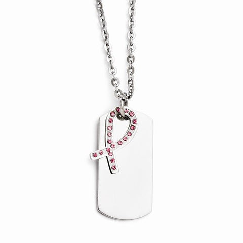 Stainless Steel Dog Tag Pink CZ Awareness Ribbon Necklace