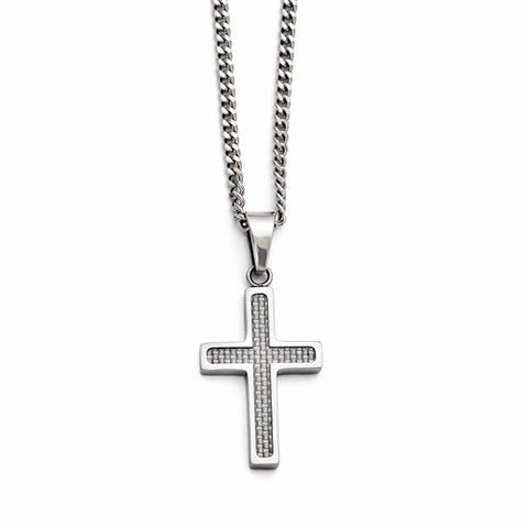 Stainless Steel Polished Grey Carbon Fiber Small Cross Necklace