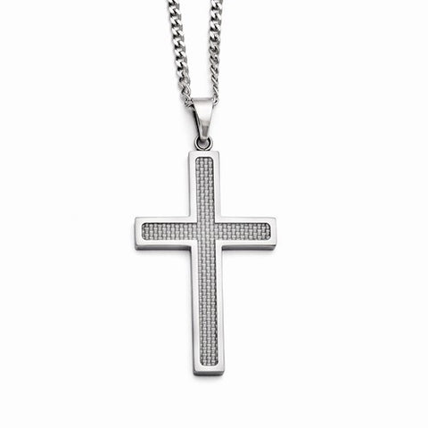 Stainless Steel Polished Grey Carbon Fiber Large Cross Necklace