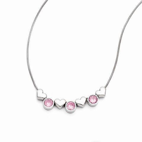 Stainless Steel Hearts, Pink CZs Necklace