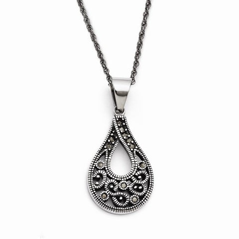 Stainless Steel Textured Teardrop Marcasite Necklace