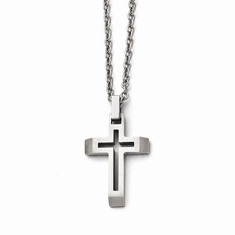 Stainless Steel Polished and Brushed Cut-Out Cross Necklace