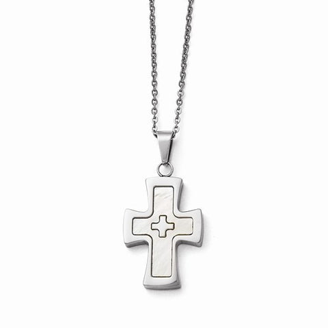 Stainless Steel Polished Mother Of Pearl Cross Necklace