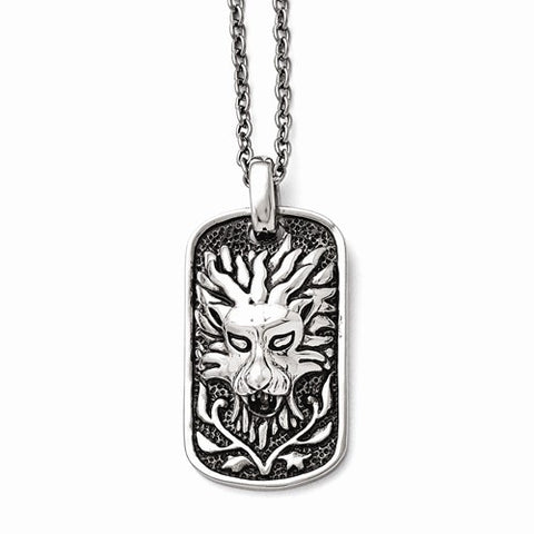 Stainless Steel Polished and Antiqued Lion Dog Tag Necklace