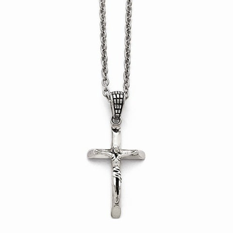 Stainless Steel Polished and Antiqued Crucifix Necklace