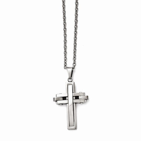 Stainless Steel Polished and Brushed Cross Necklace