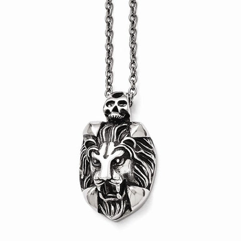 Stainless Steel Polished and Antiqued Lion and Skull Necklace